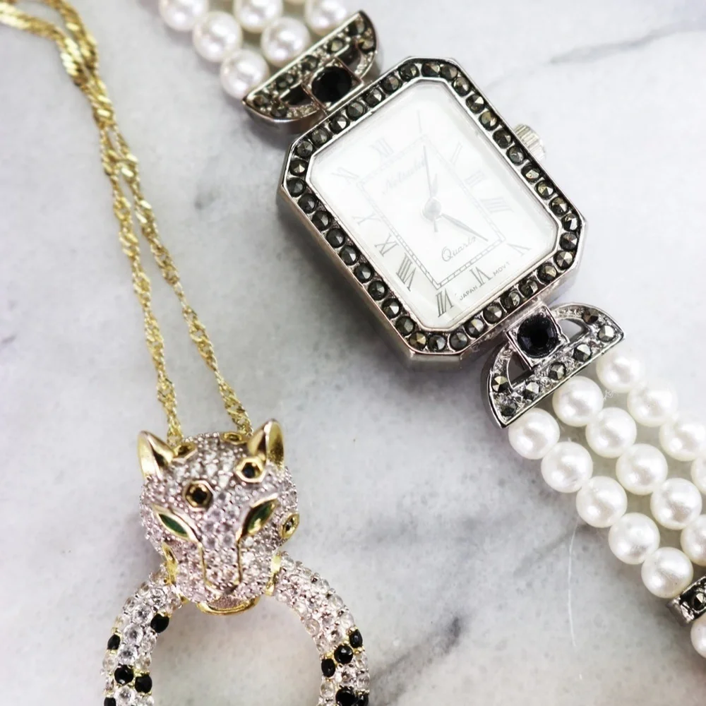 Elegant Vintage Netsuke Pearl & Marcasite Watch